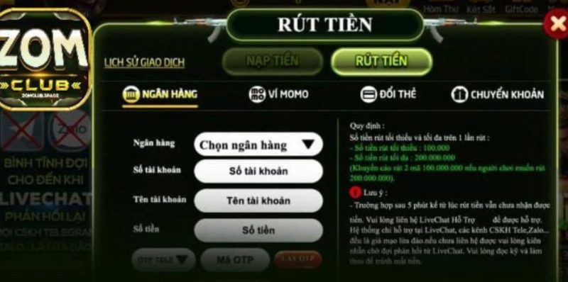 Rút tiền Zomclub